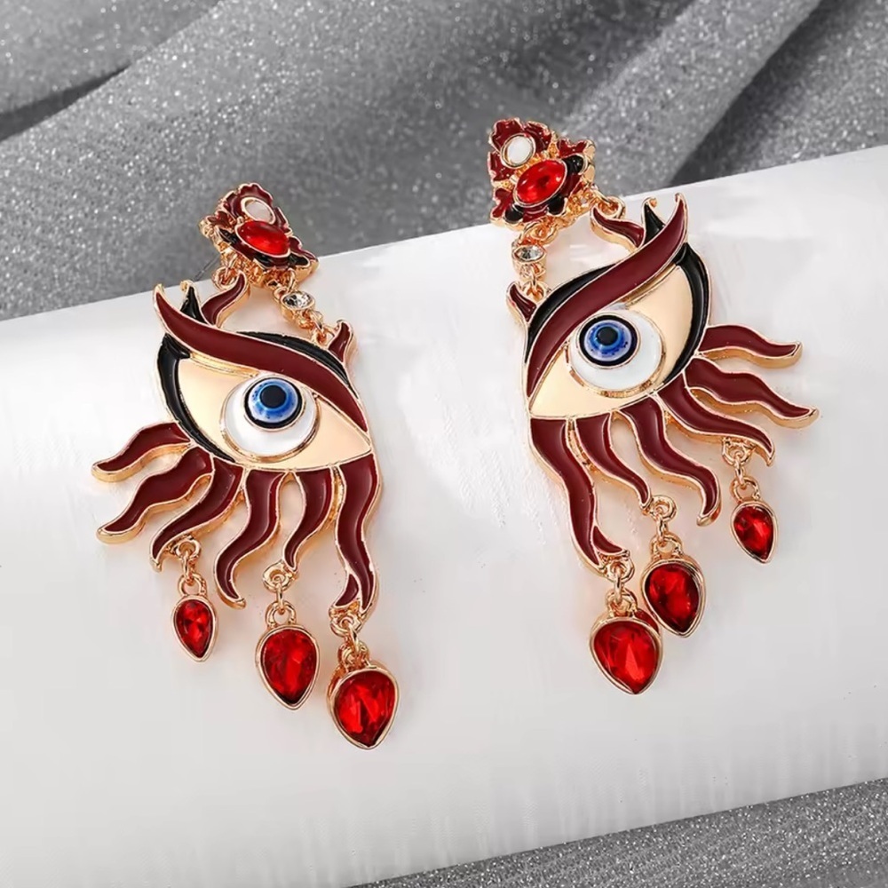 New! Devil,s Eye Motif Red and Gold Dangle Earrings - Picture 3 of 4